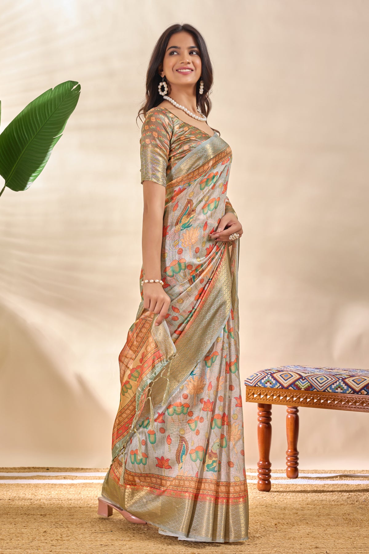 Crystal cotton printed saree fabric and print close-up