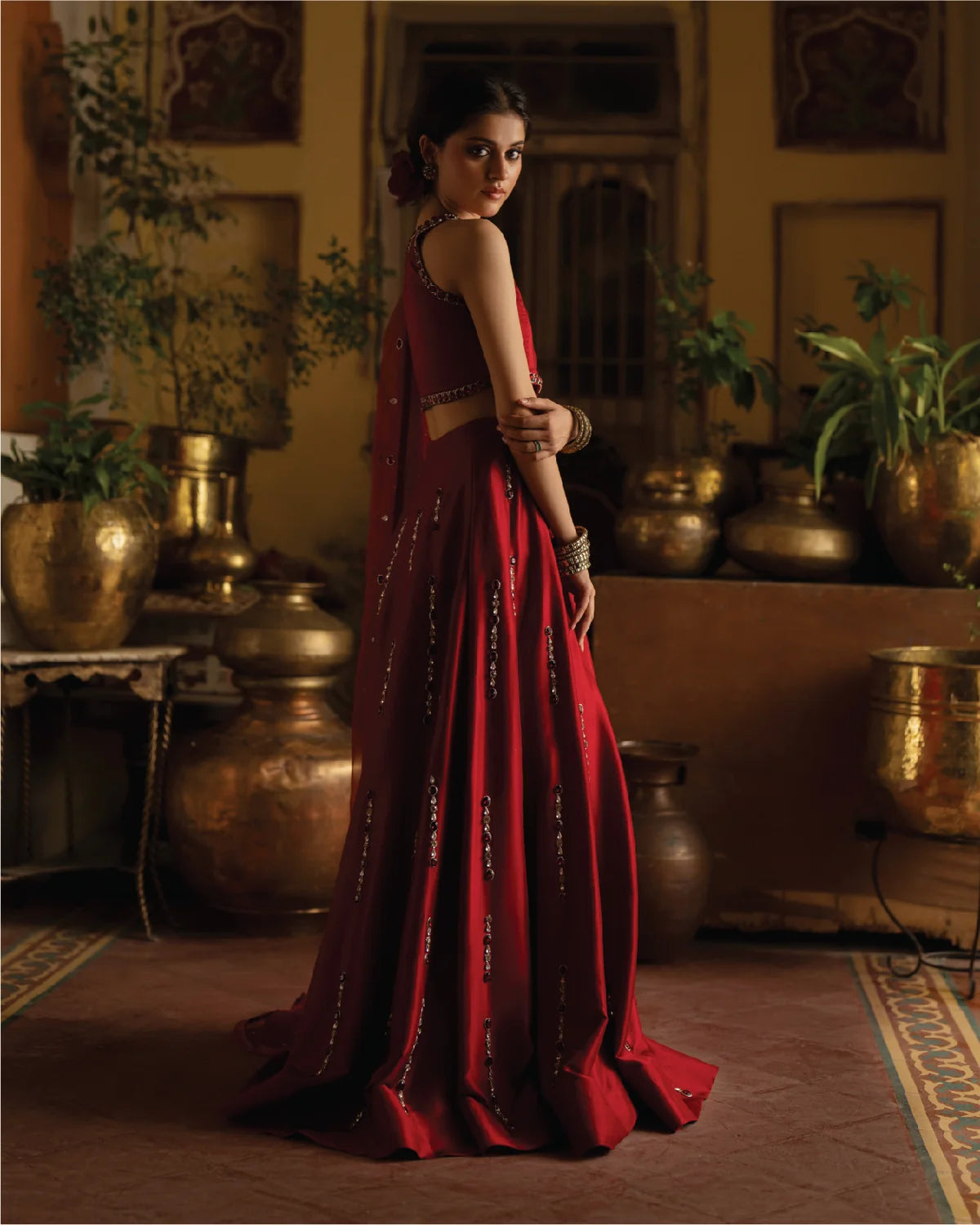 Red Malai Satin Silk Lehenga with Real Mirror Work & Heavy Cancan