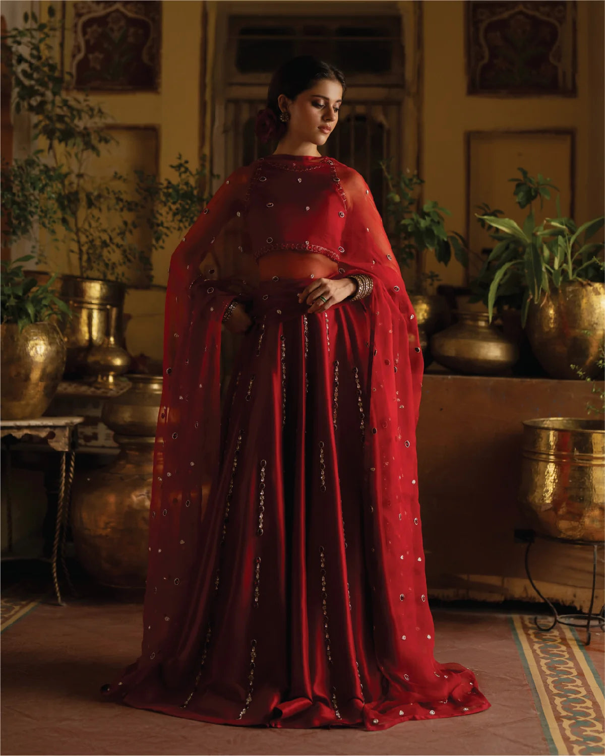 Red Malai Satin Silk Lehenga with Real Mirror Work & Heavy Cancan