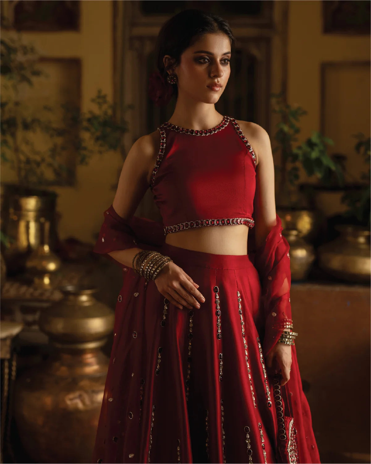 Red Malai Satin Silk Lehenga with Real Mirror Work & Heavy Cancan