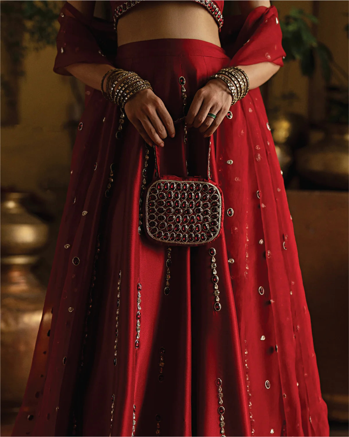 Red Malai Satin Silk Lehenga with Real Mirror Work & Heavy Cancan