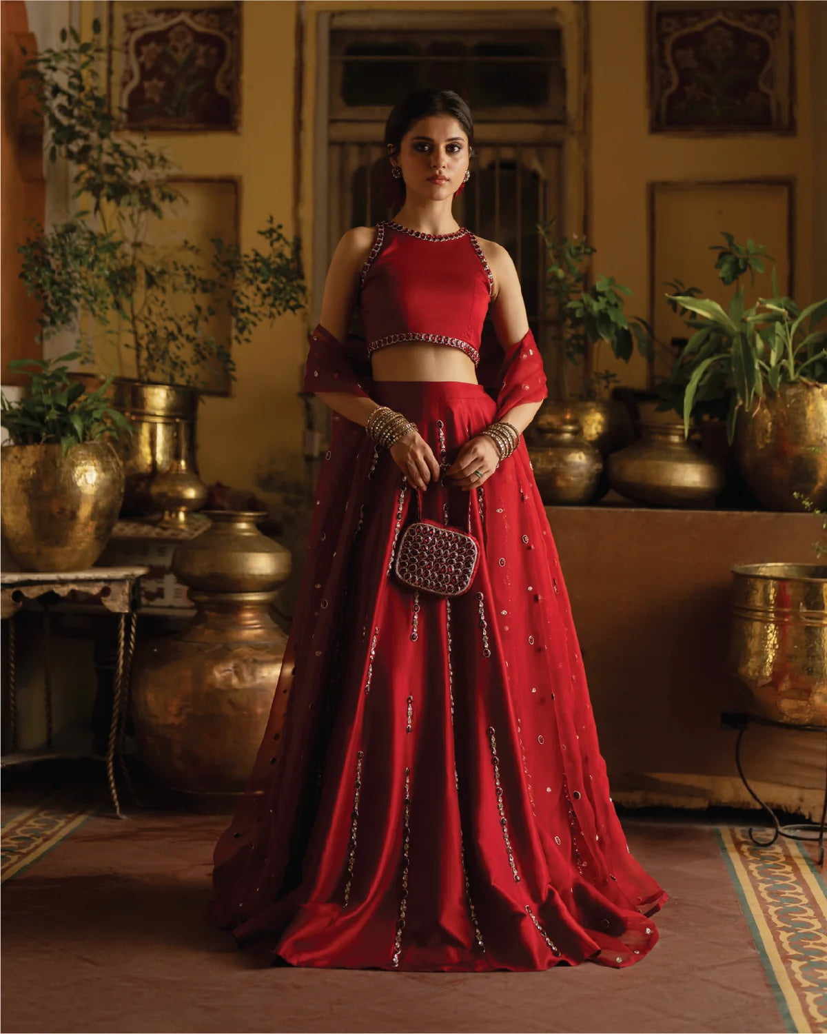 Red Malai Satin Silk Lehenga with Real Mirror Work & Heavy Cancan