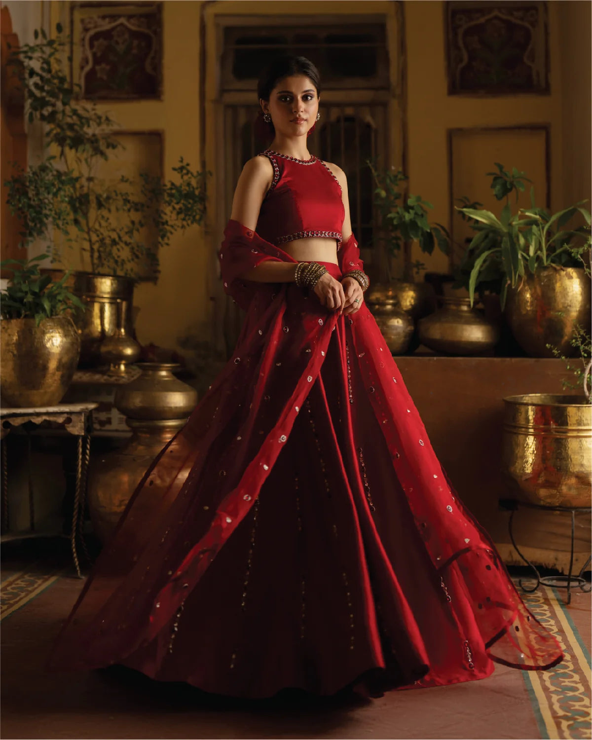Red Malai Satin Silk Lehenga with Real Mirror Work & Heavy Cancan