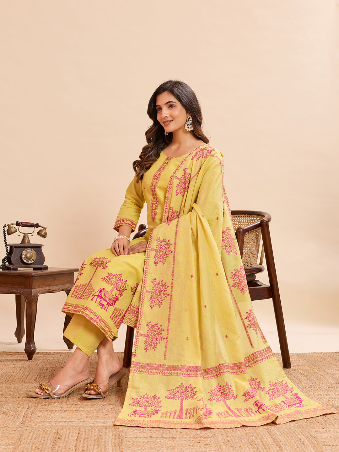 Yellow Cotton Kurti Pant Dupatta Set | Designer Printed Ethnic Suit | Premium Daily & Festive Wear