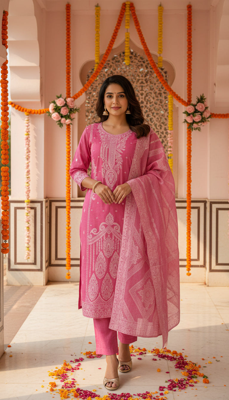 Pink Embroidered Kurti Pant Dupatta Set | Designer Cotton Blend Ethnic Suit | Festive & Party Wear for Women