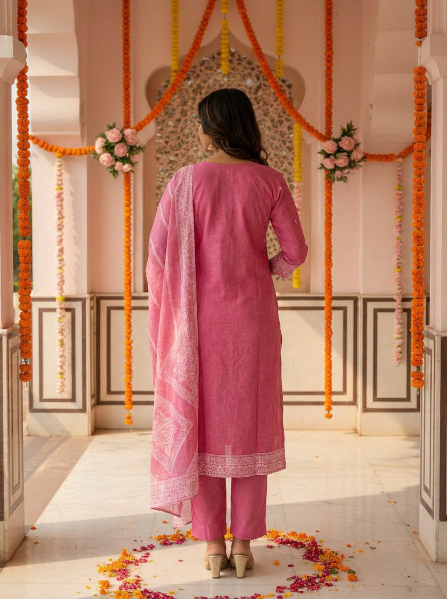 Pink Embroidered Kurti Pant Dupatta Set | Designer Cotton Blend Ethnic Suit | Festive & Party Wear for Women