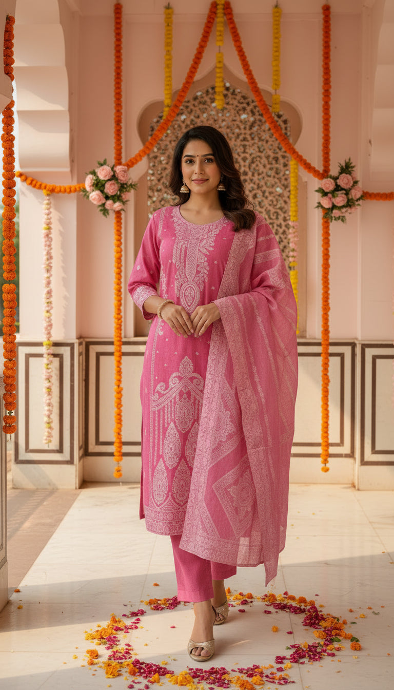 Pink Embroidered Kurti Pant Dupatta Set | Designer Cotton Blend Ethnic Suit | Festive & Party Wear for Women
