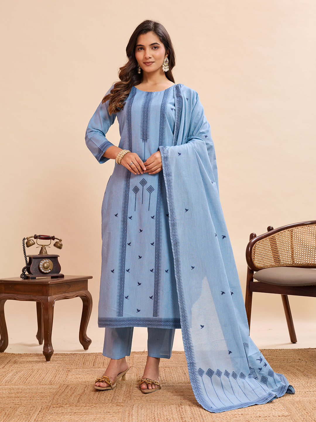 Sky Blue Pure Cotton Jacquard Kurti Pant Dupatta Set | Designer Ethnic Suit | Premium Office & Daily Wear