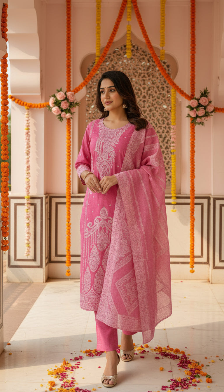 Pink Embroidered Kurti Pant Dupatta Set | Designer Cotton Blend Ethnic Suit | Festive & Party Wear for Women