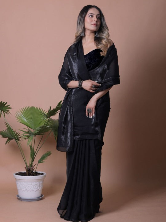 Black Linen Cotton Saree with Unstitched Blouse