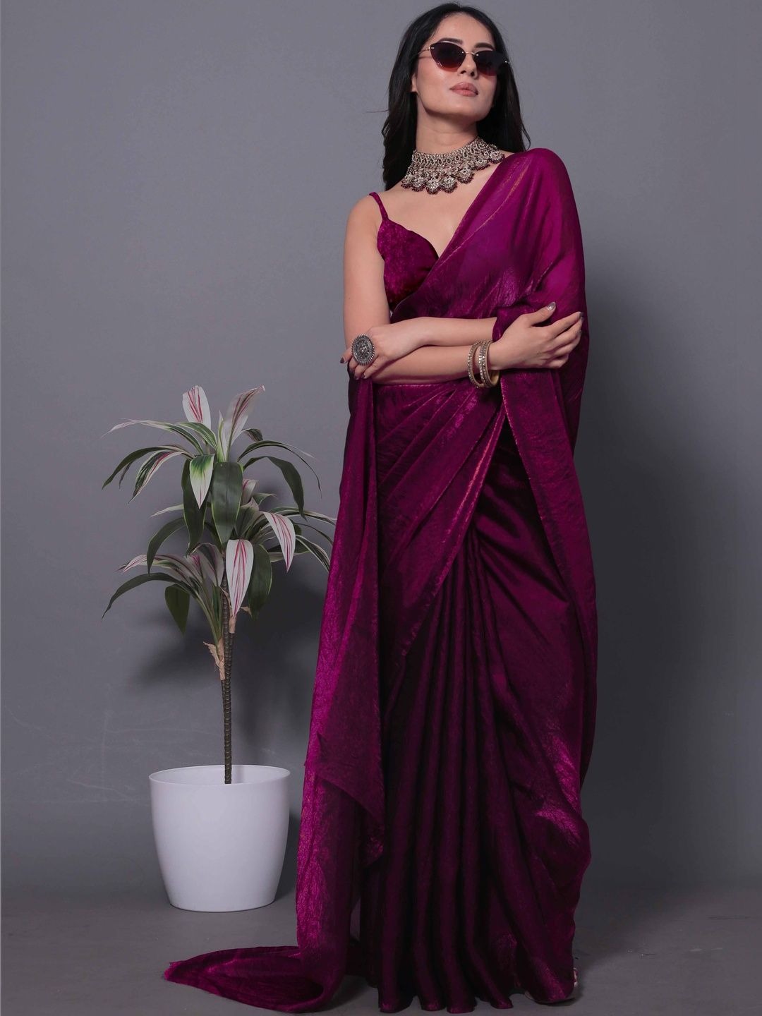 Magenta Linen Cotton Saree with Unstitched Blouse