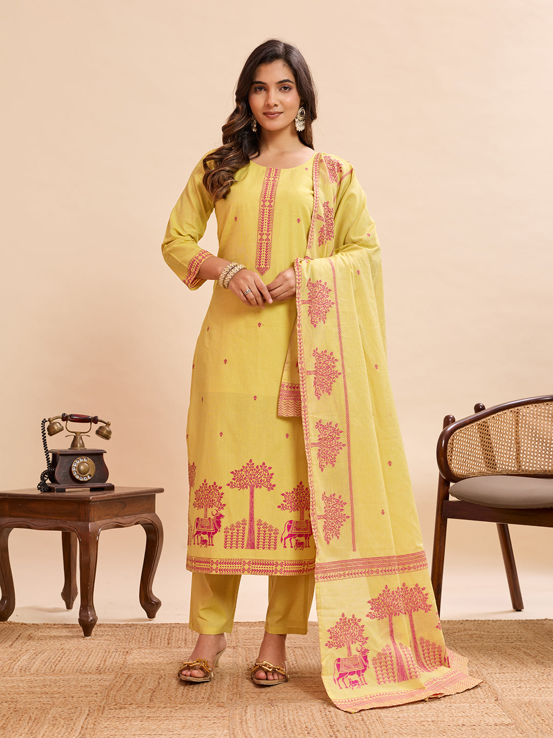 Yellow Cotton Kurti Pant Dupatta Set | Designer Printed Ethnic Suit | Premium Daily & Festive Wear