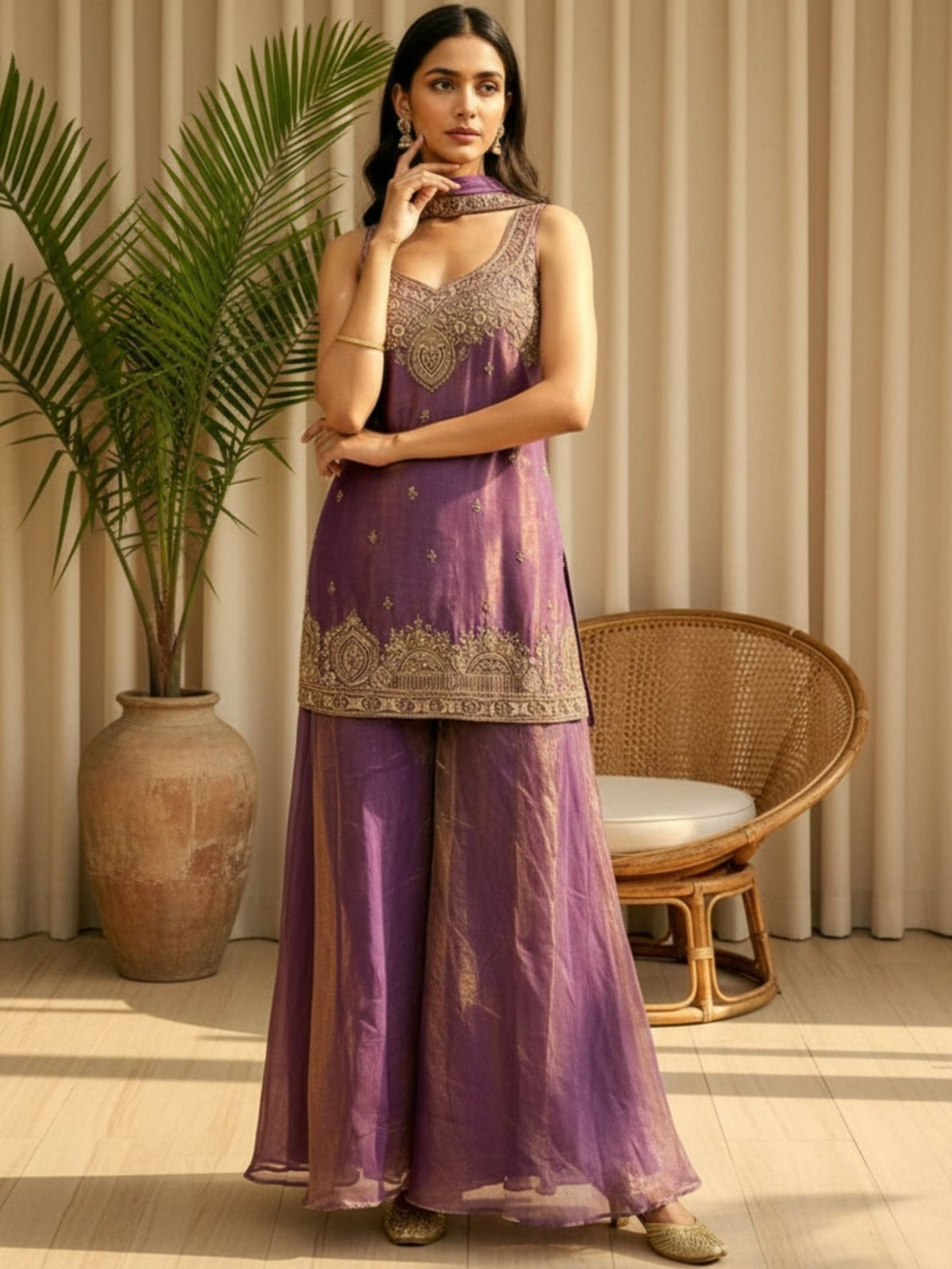 Elegant Purple Fendy Satin Palazzo Suit
