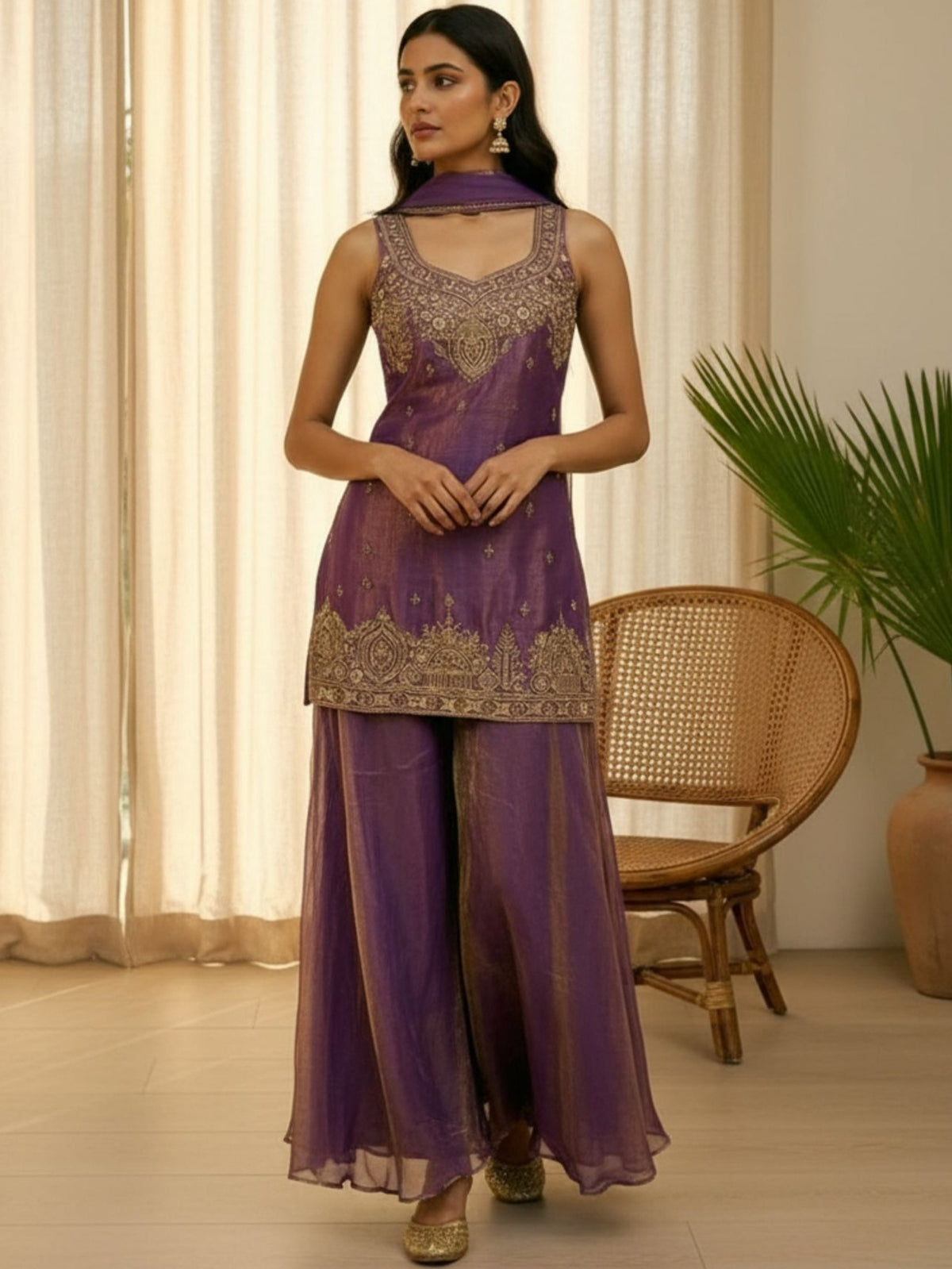 Elegant Purple Fendy Satin Palazzo Suit