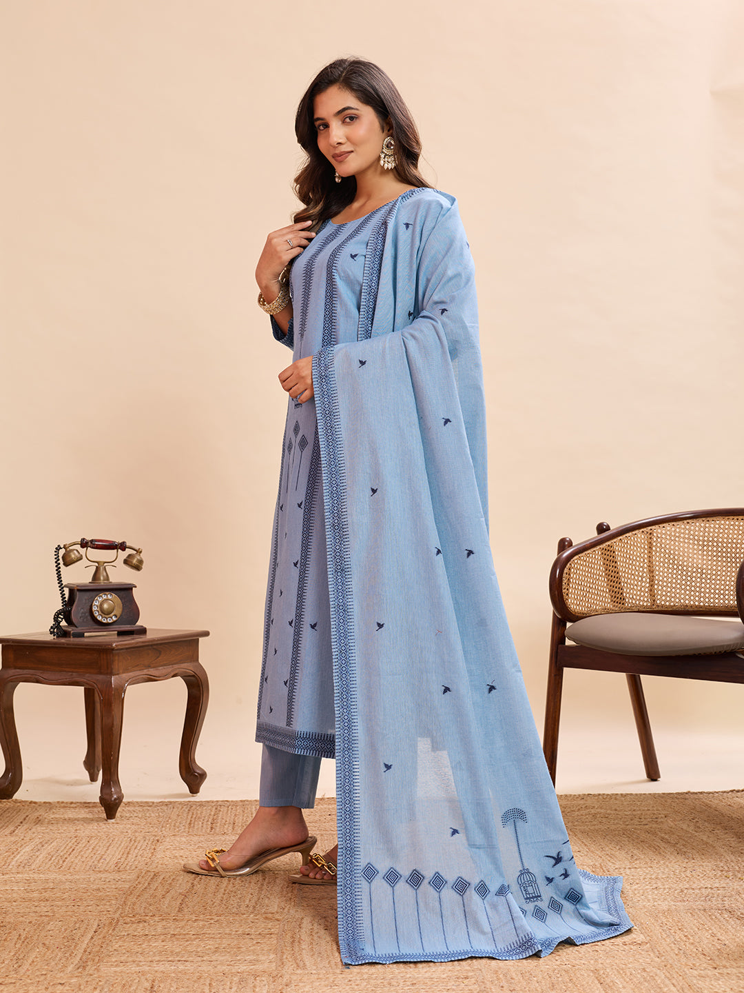 Sky Blue Pure Cotton Jacquard Kurti Pant Dupatta Set | Designer Ethnic Suit | Premium Office & Daily Wear