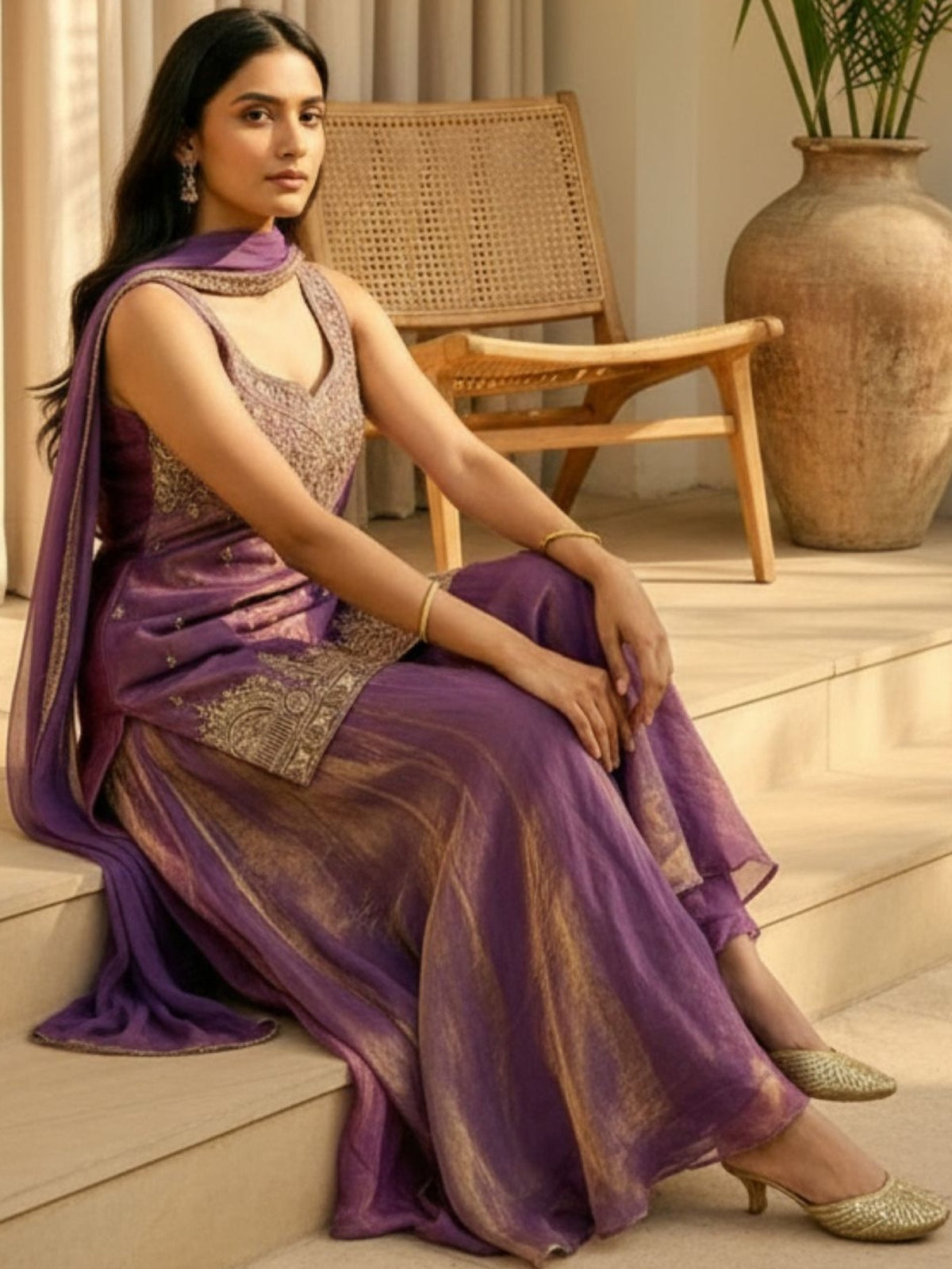 Elegant Purple Fendy Satin Palazzo Suit