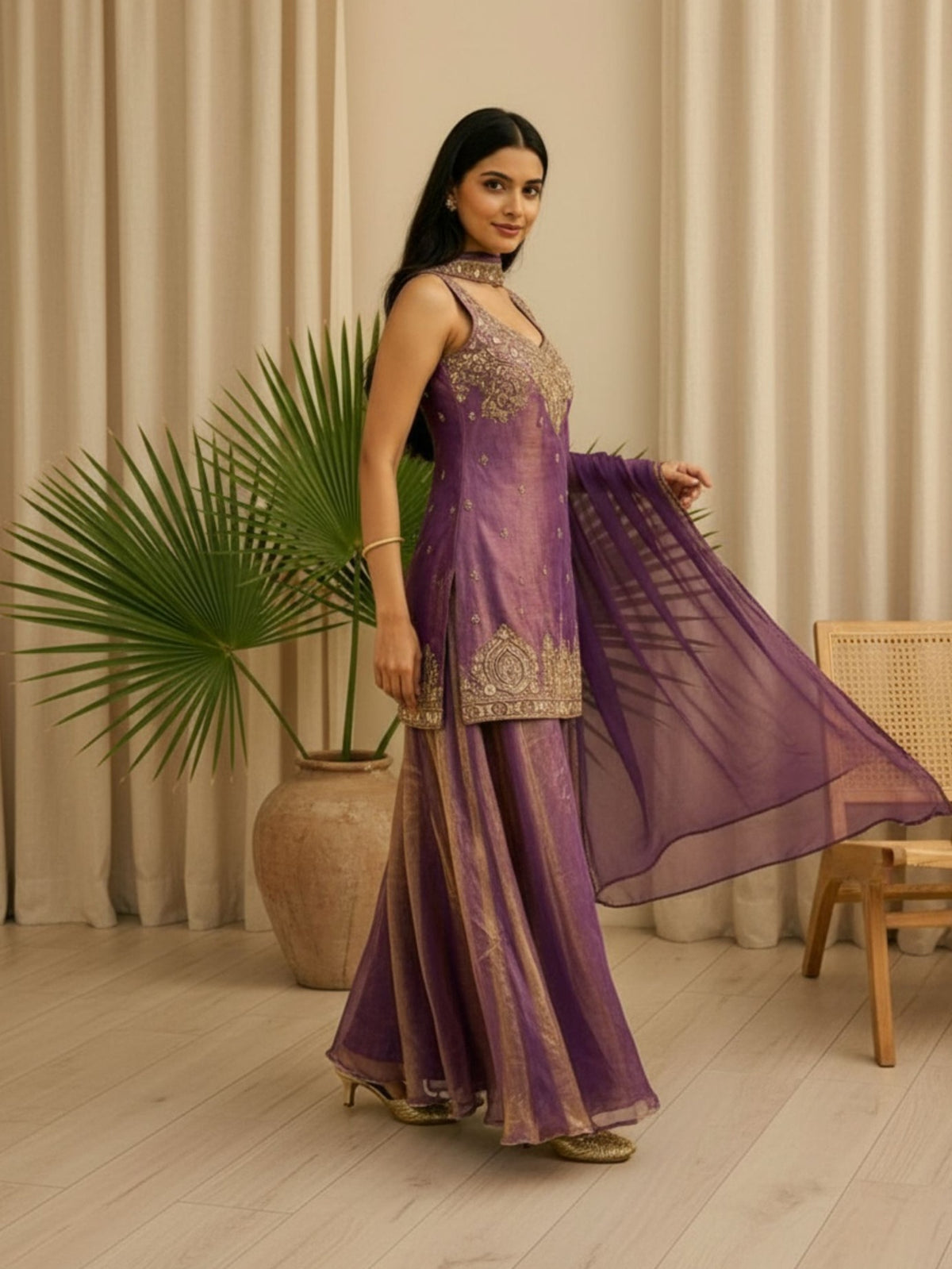 Elegant Purple Fendy Satin Palazzo Suit