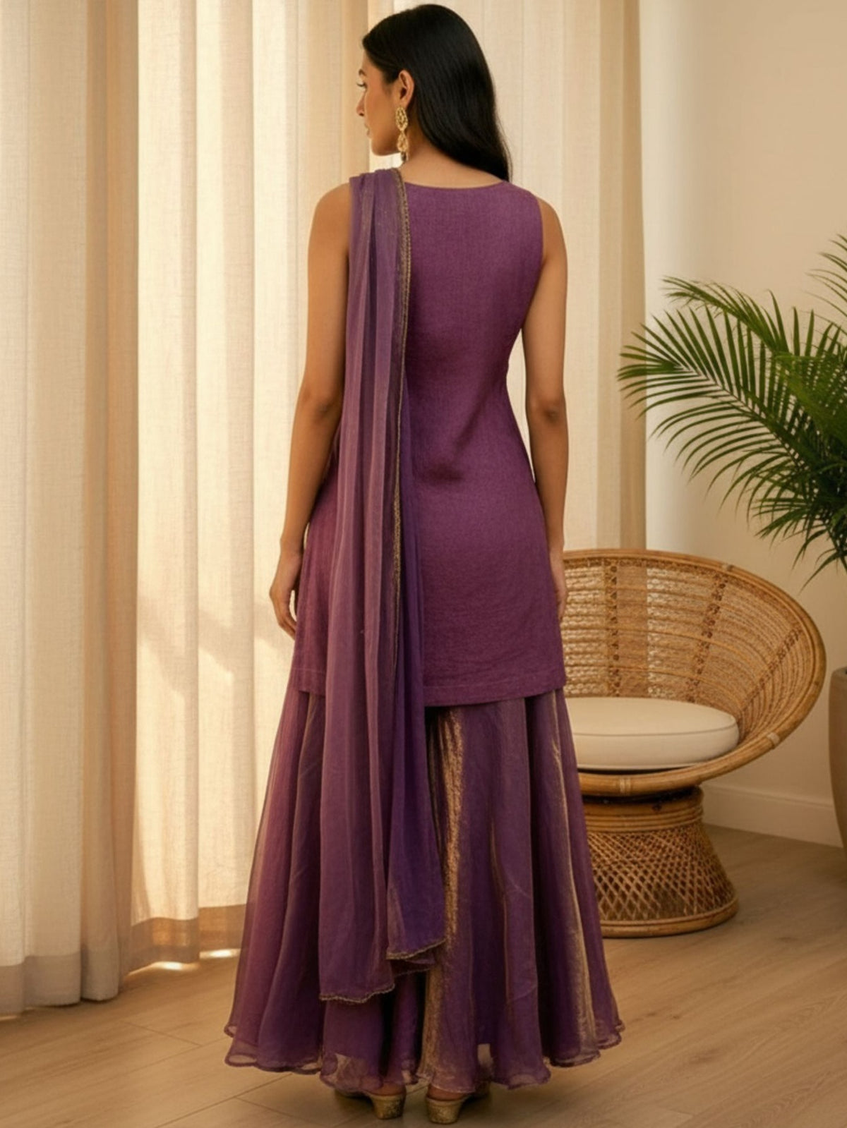 Elegant Purple Fendy Satin Palazzo Suit