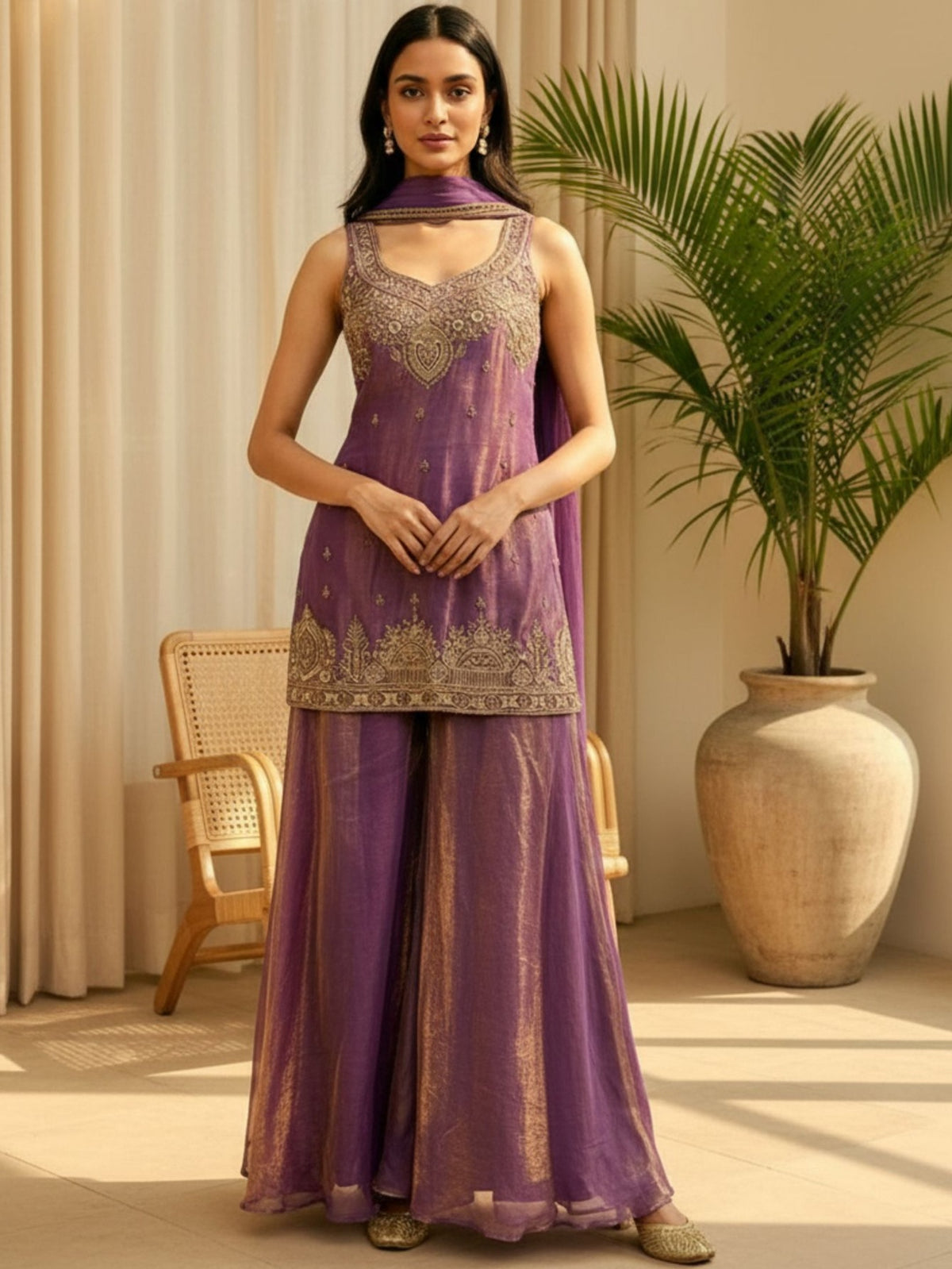 Elegant Purple Fendy Satin Palazzo Suit