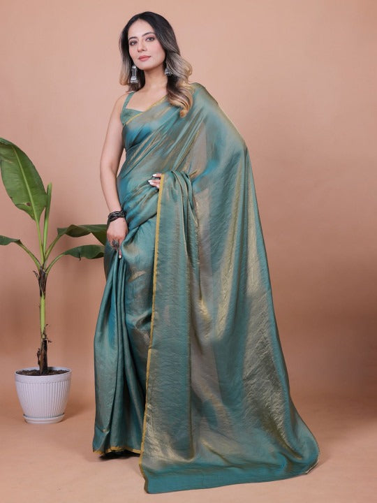Sea Green Linen Cotton Saree with Unstitched Blouse