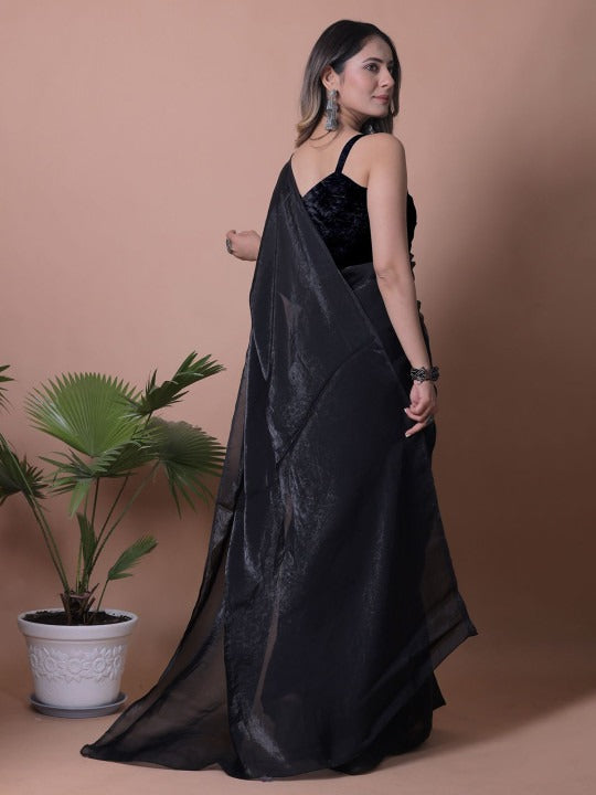 Black Linen Cotton Saree with Unstitched Blouse