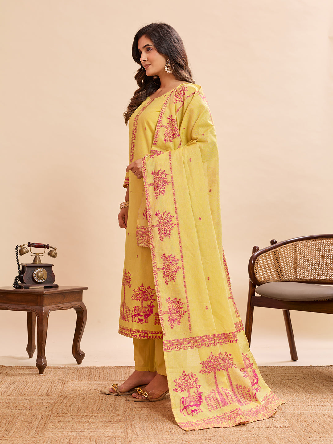 Yellow Cotton Kurti Pant Dupatta Set | Designer Printed Ethnic Suit | Premium Daily & Festive Wear