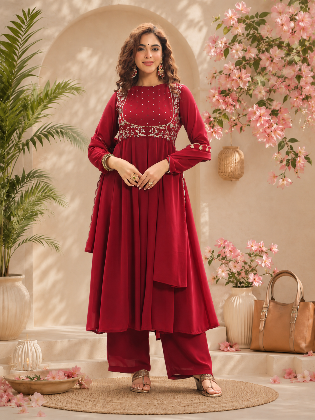 Wine Red Embroidered Kurta Pant Set
