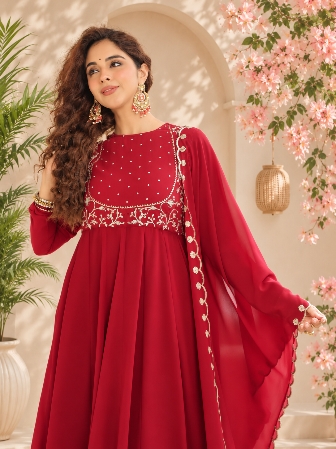 Wine Red Embroidered Kurta Pant Set
