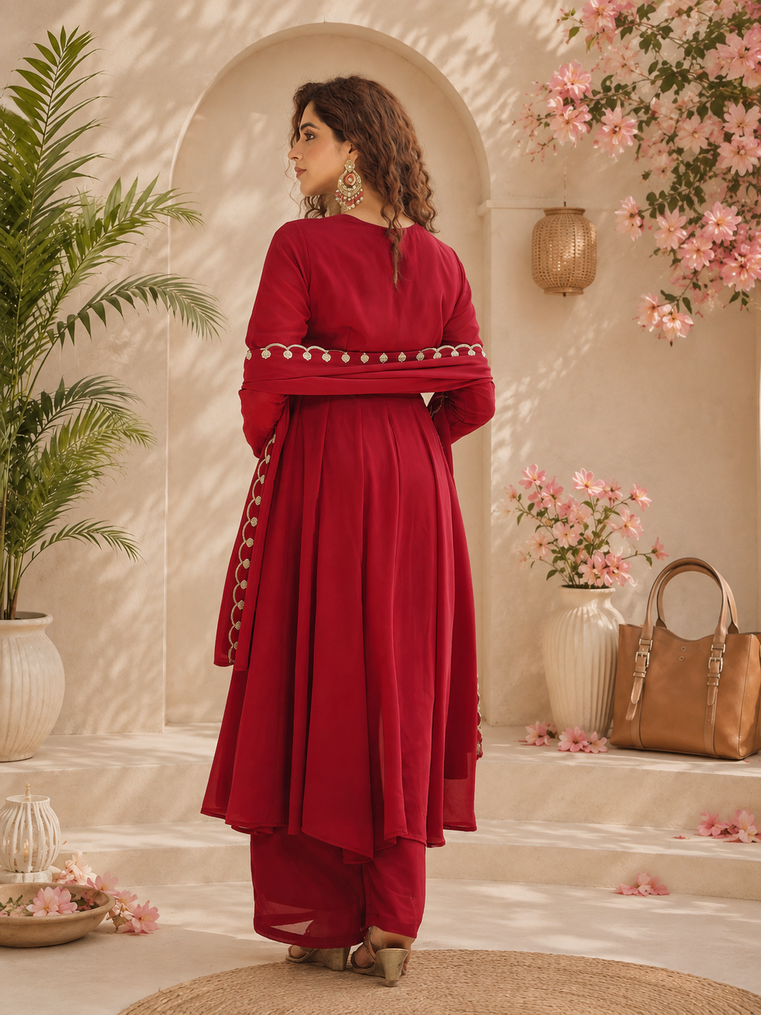 Wine Red Embroidered Kurta Pant Set