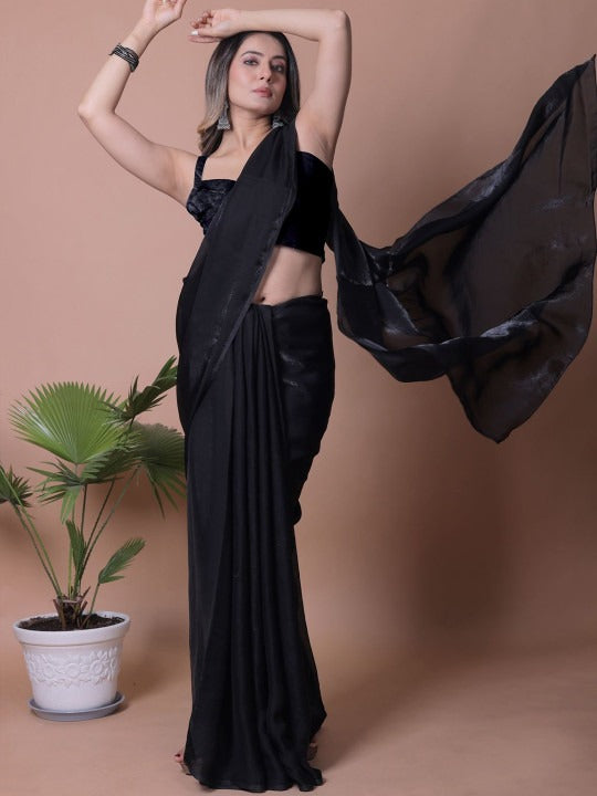 Black Linen Cotton Saree with Unstitched Blouse