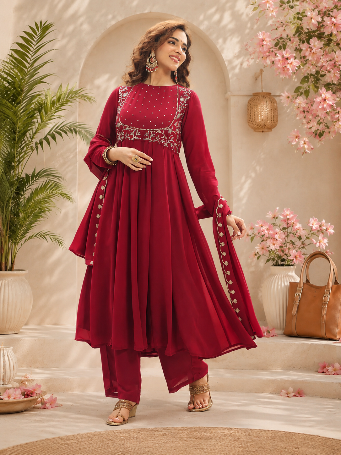 Wine Red Embroidered Kurta Pant Set