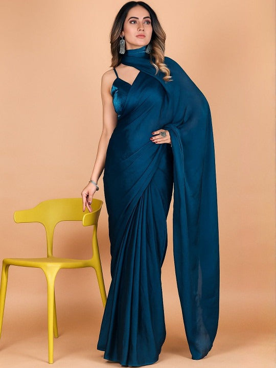 Royal Blue Linen Cotton Saree with Unstitched Blouse