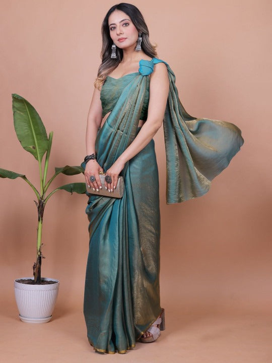 Sea Green Linen Cotton Saree with Unstitched Blouse