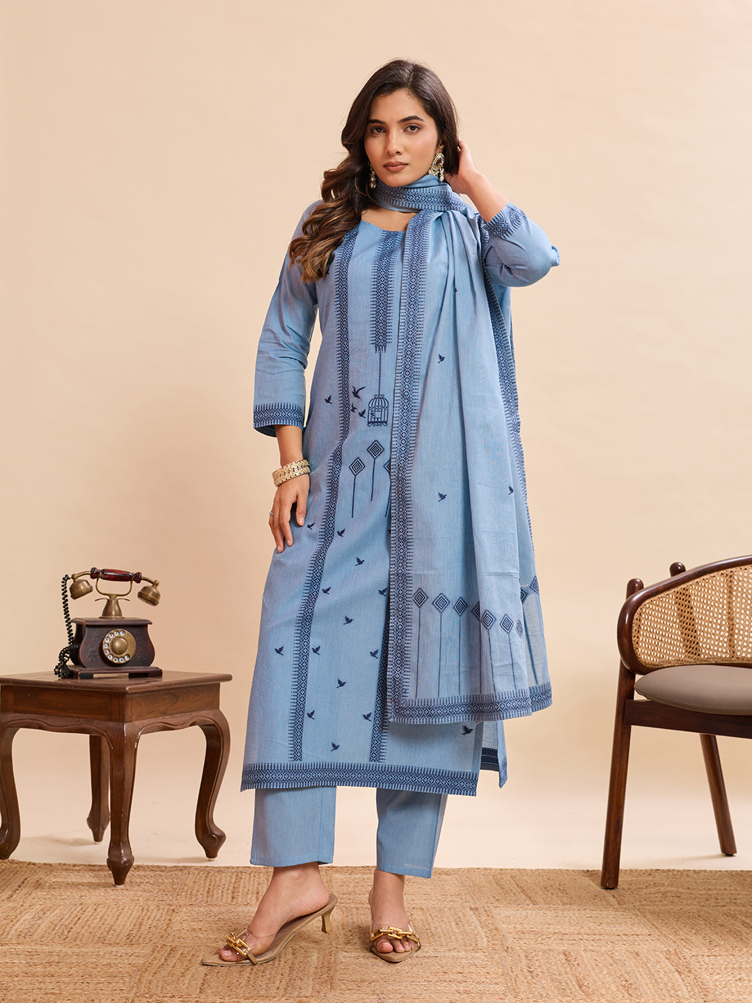 Sky Blue Pure Cotton Jacquard Kurti Pant Dupatta Set | Designer Ethnic Suit | Premium Office & Daily Wear
