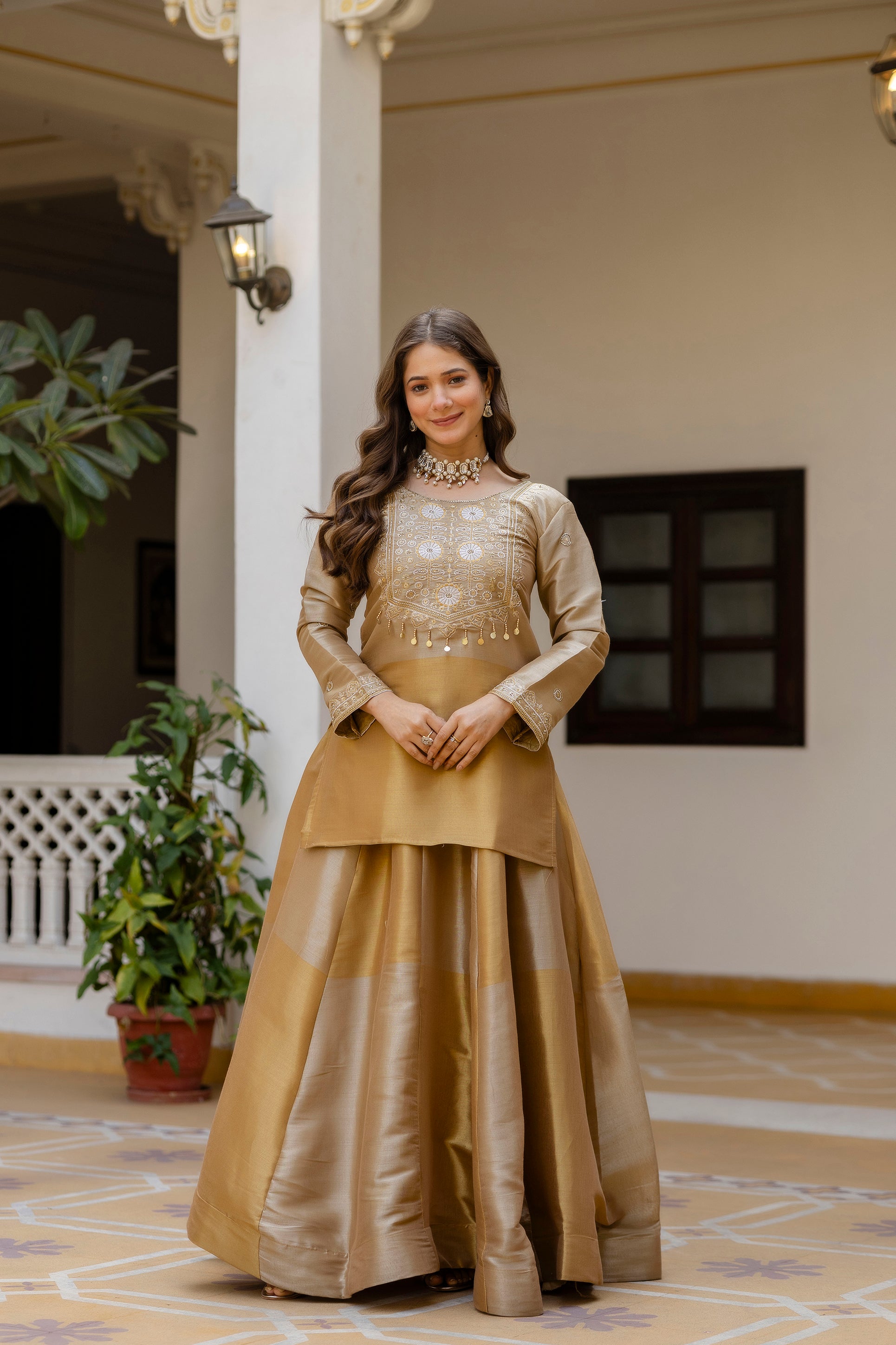 Golden Embroidered Kurti Lehenga Dupatta Set | Designer Ethnic Lehenga Set | Premium Wedding & Festive Wear