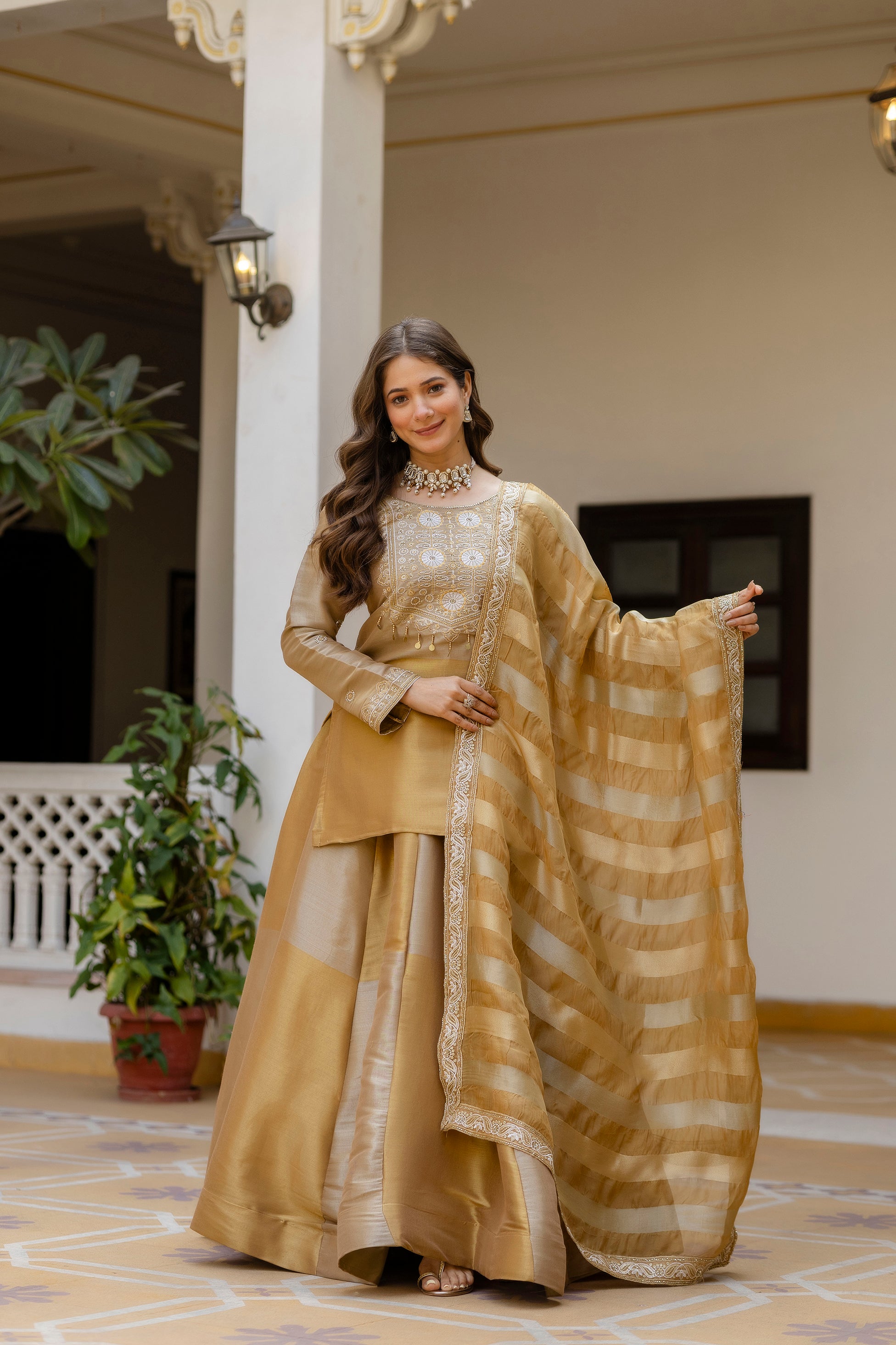 Golden Embroidered Kurti Lehenga Dupatta Set | Designer Ethnic Lehenga Set | Premium Wedding & Festive Wear