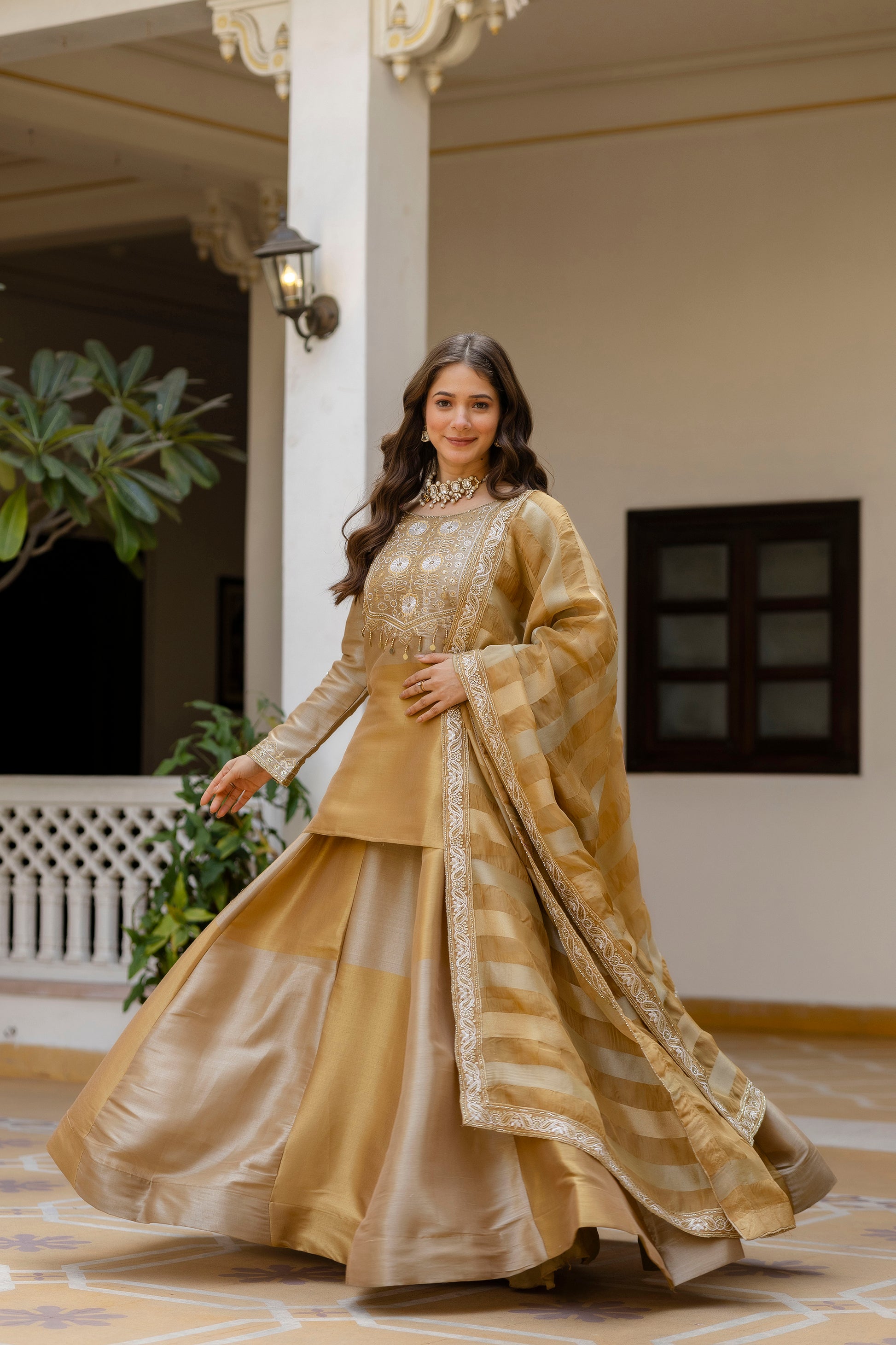 Golden Embroidered Kurti Lehenga Dupatta Set | Designer Ethnic Lehenga Set | Premium Wedding & Festive Wear