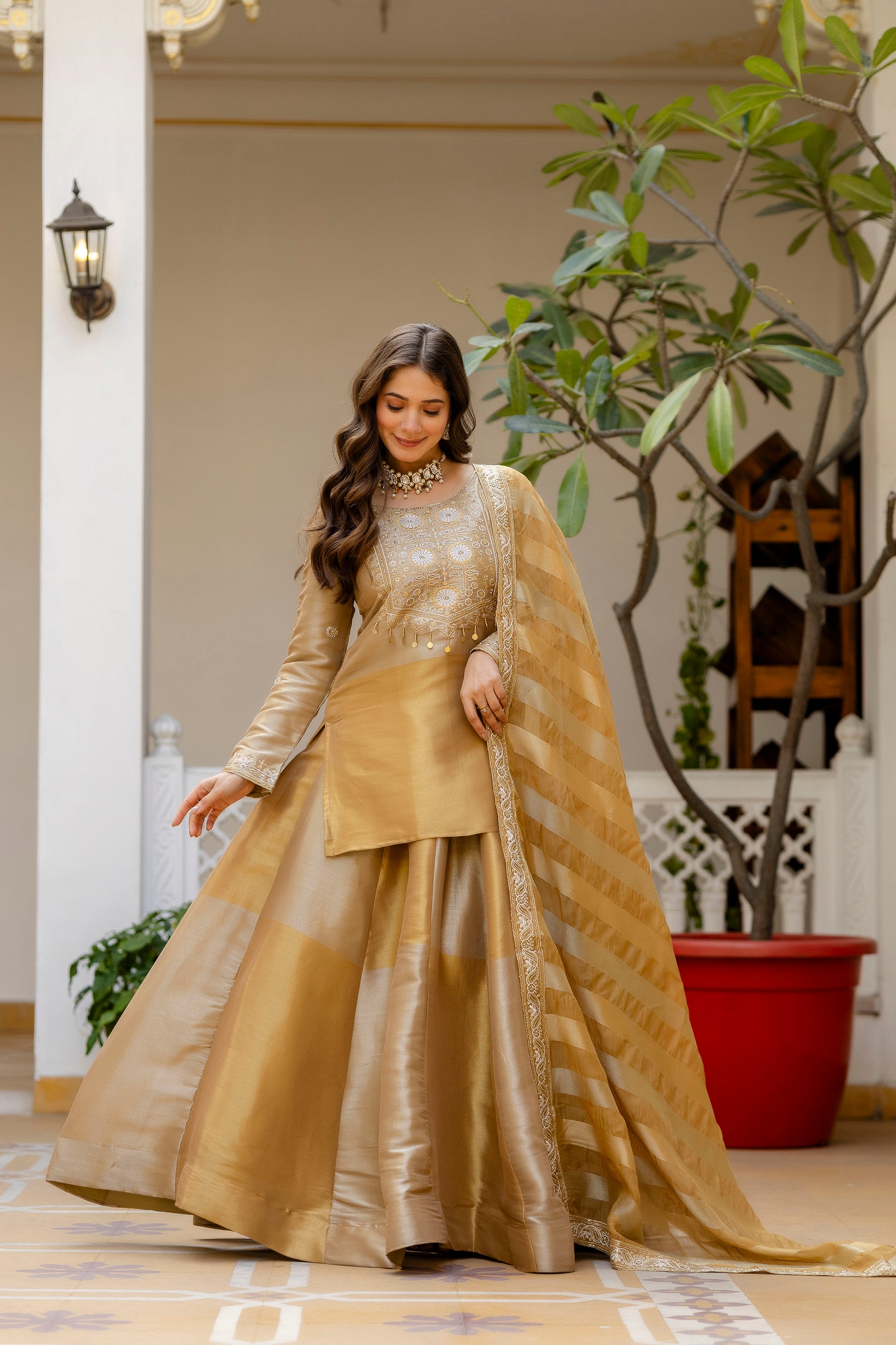 Golden Embroidered Kurti Lehenga Dupatta Set | Designer Ethnic Lehenga Set | Premium Wedding & Festive Wear