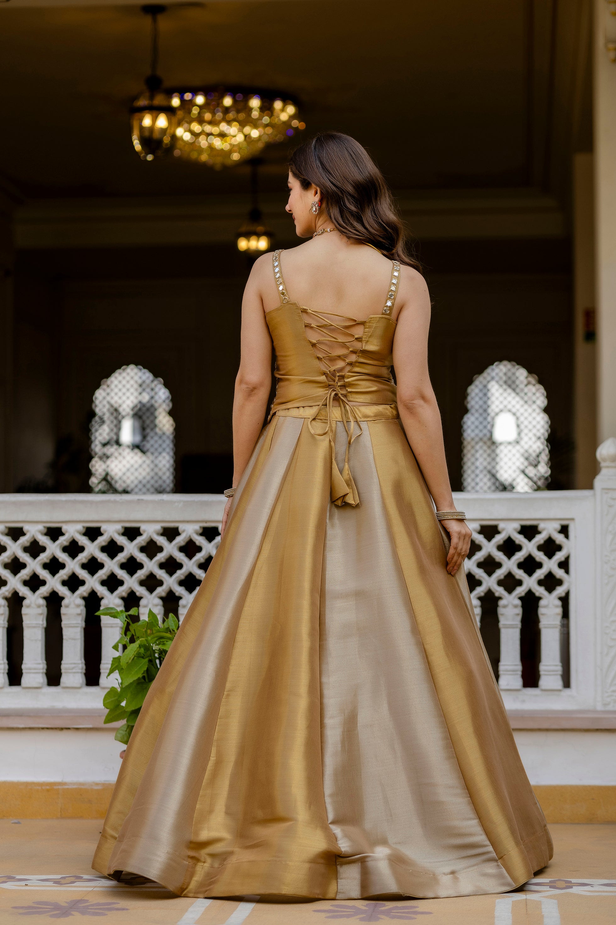 Golden Banarasi Lehenga Choli with Embroidered Organza Dupatta | Premium Wedding & Festive Wear