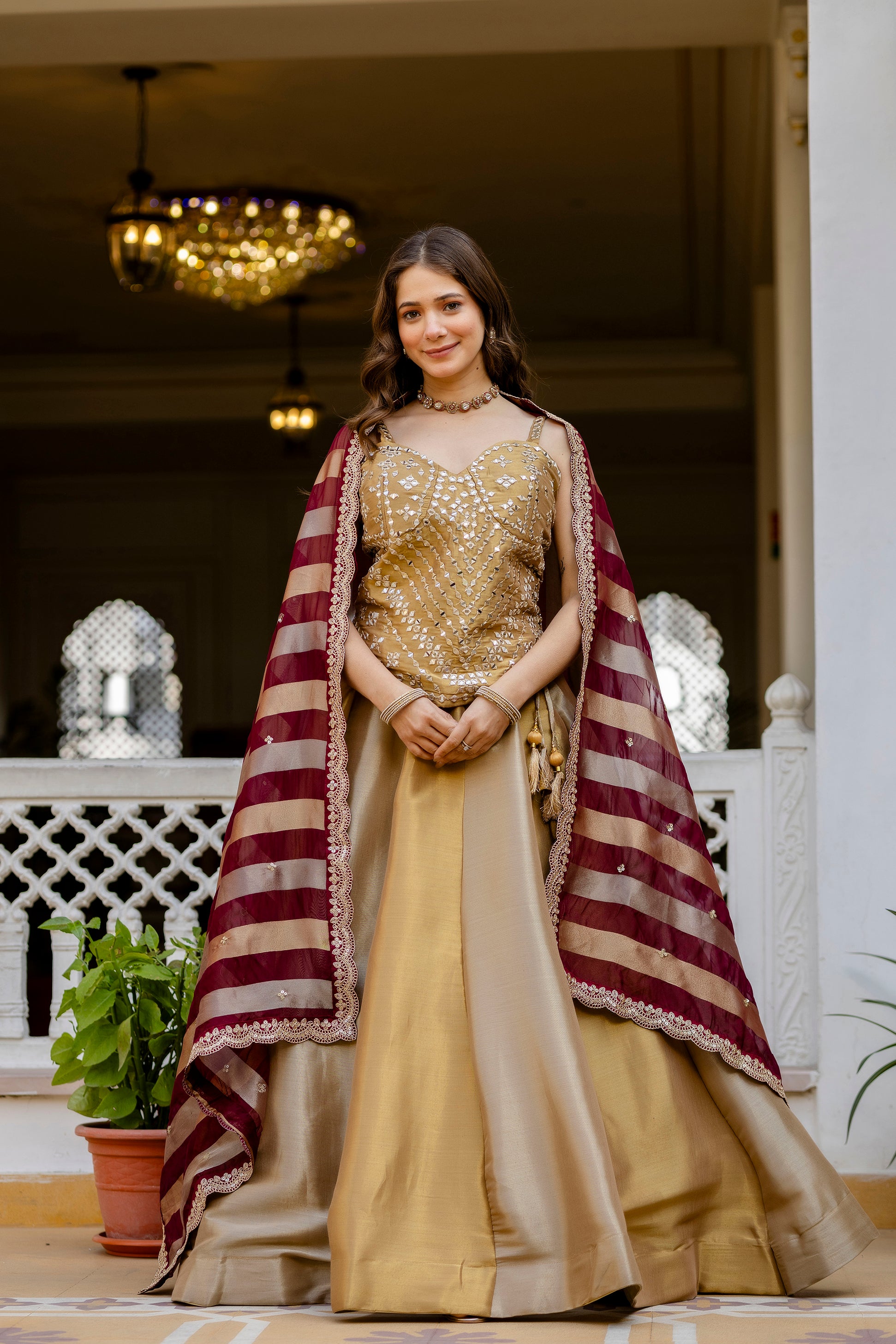 Golden Banarasi Lehenga Choli with Embroidered Organza Dupatta | Premium Wedding & Festive Wear