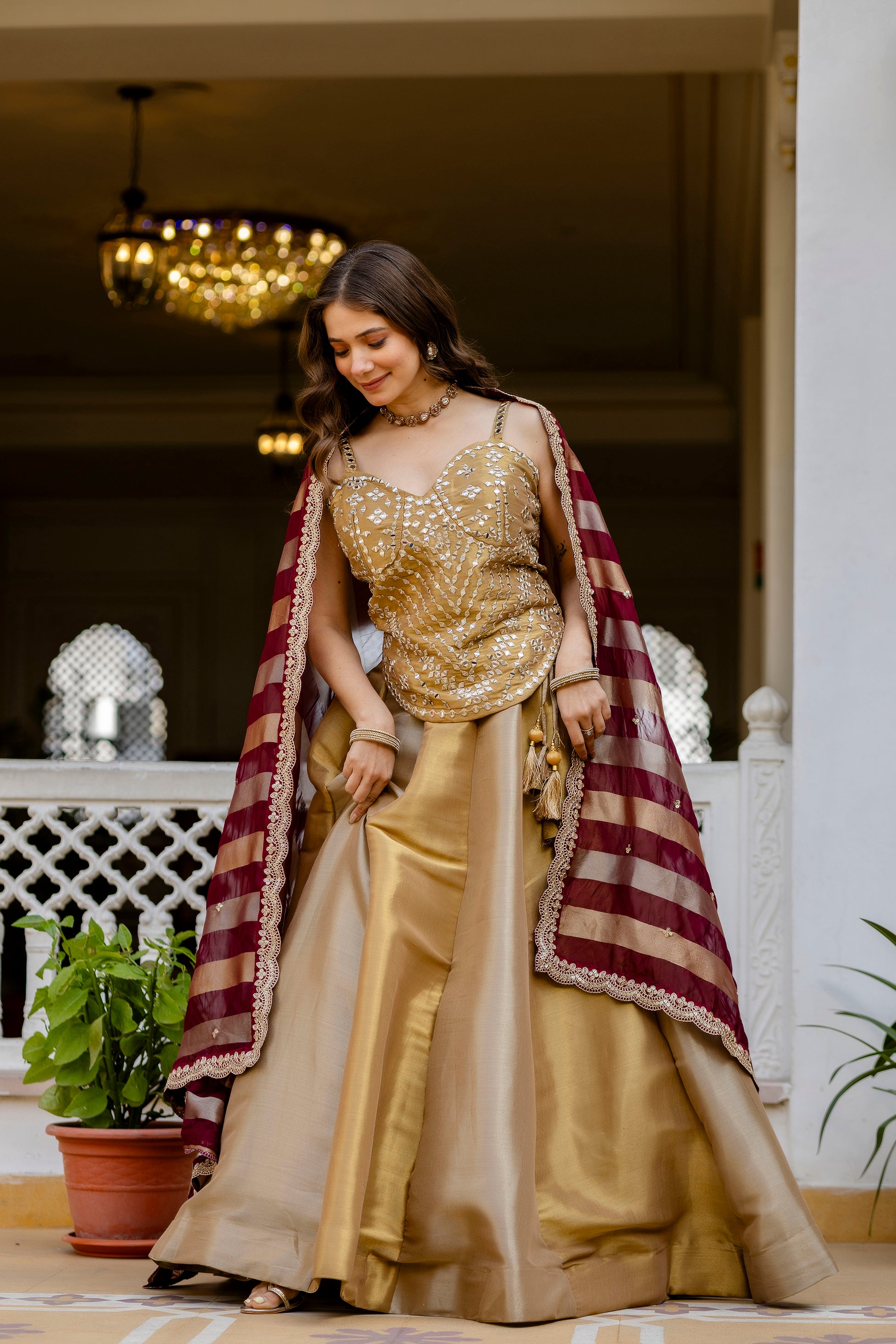 Golden Banarasi Lehenga Choli with Embroidered Organza Dupatta | Premium Wedding & Festive Wear