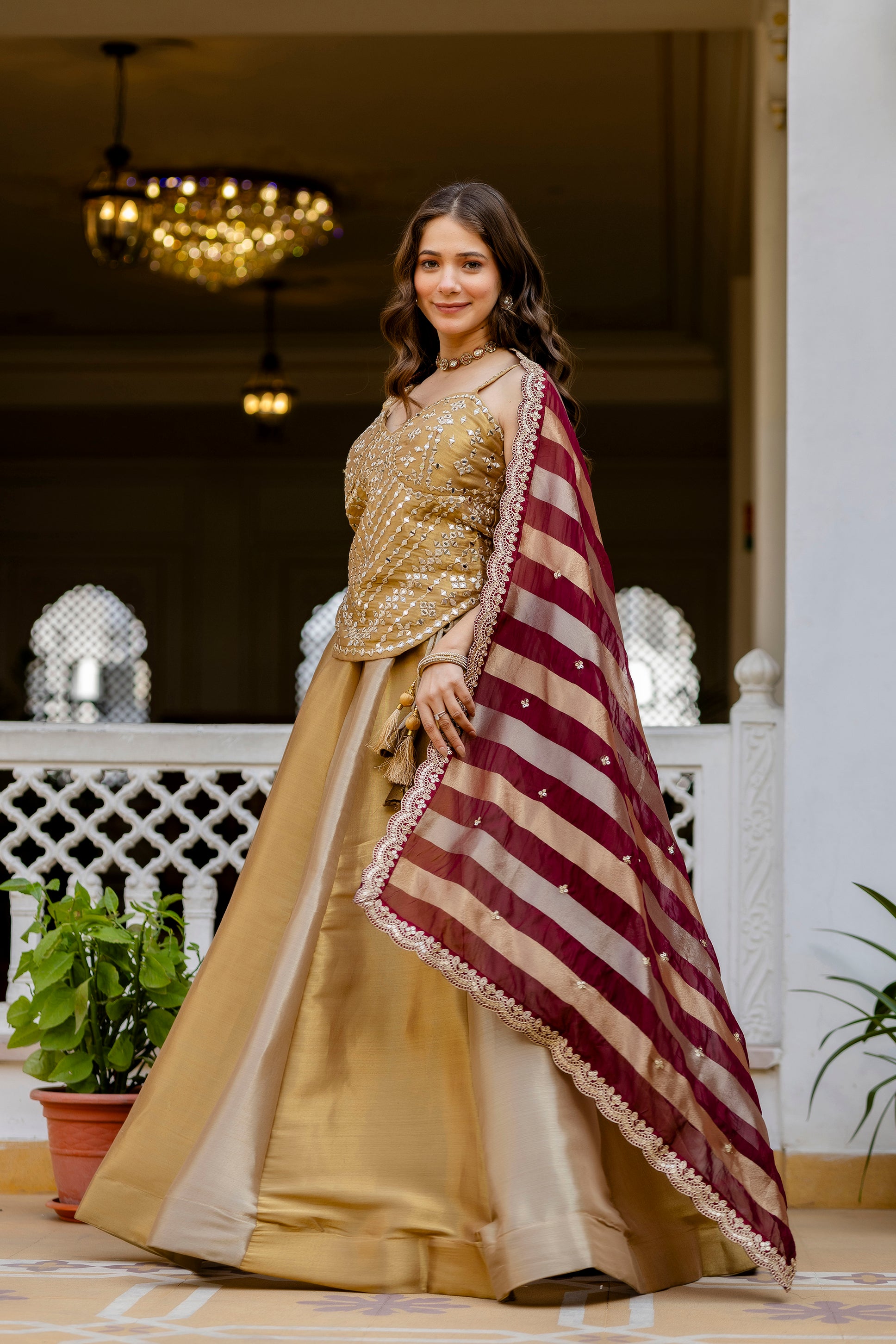 Golden Banarasi Lehenga Choli with Embroidered Organza Dupatta | Premium Wedding & Festive Wear