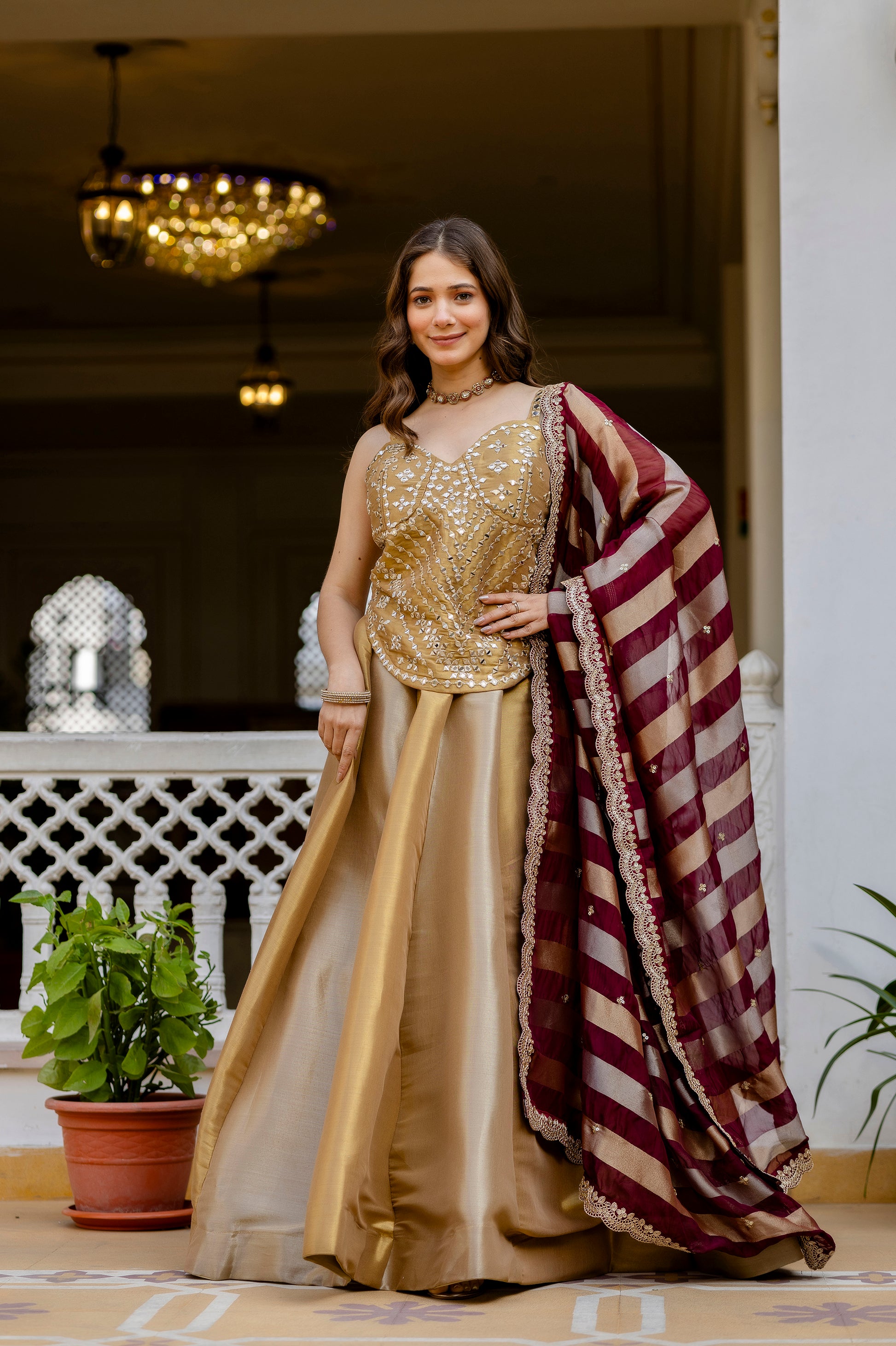 Golden Banarasi Lehenga Choli with Embroidered Organza Dupatta | Premium Wedding & Festive Wear