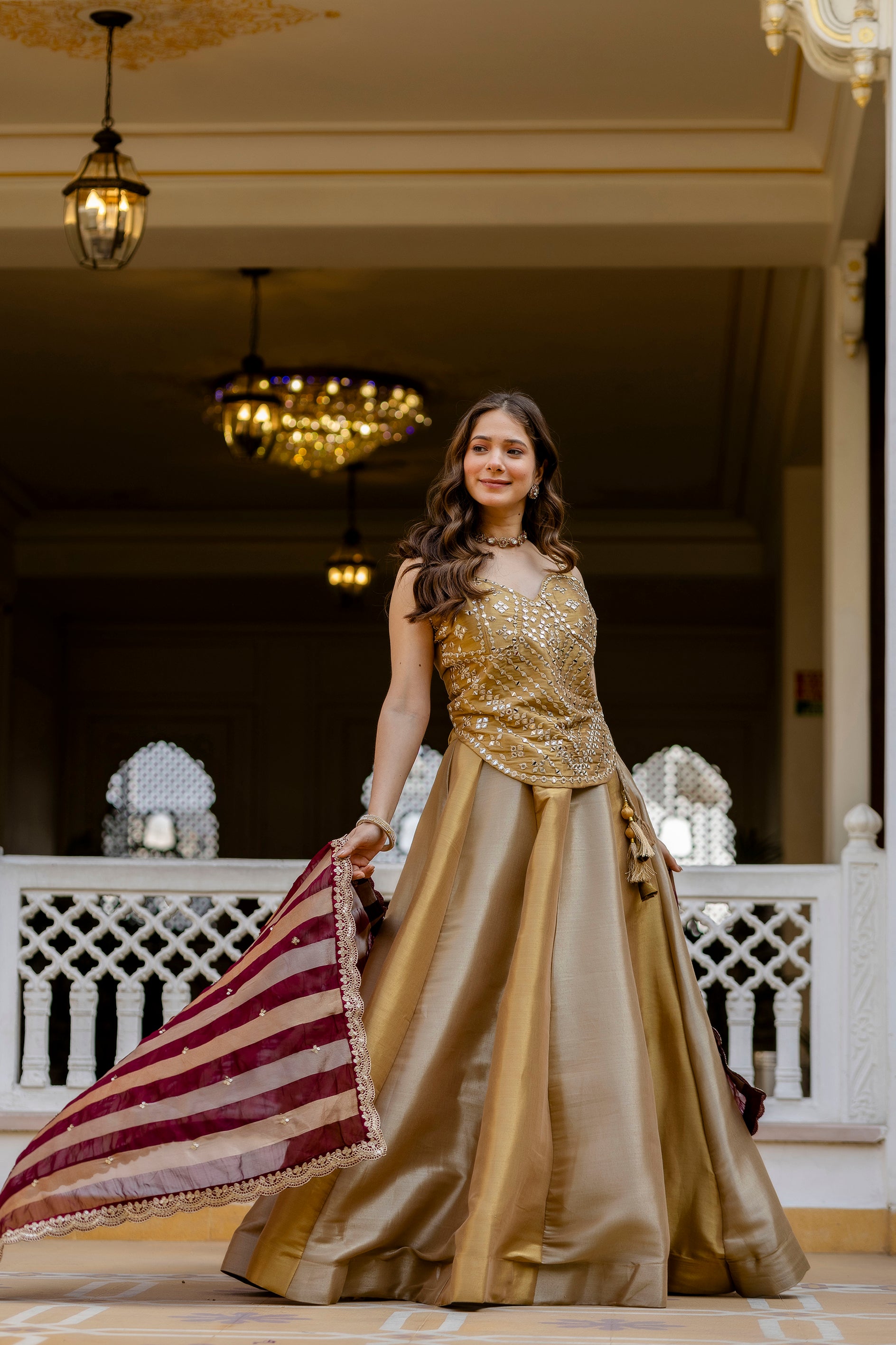Golden Banarasi Lehenga Choli with Embroidered Organza Dupatta | Premium Wedding & Festive Wear