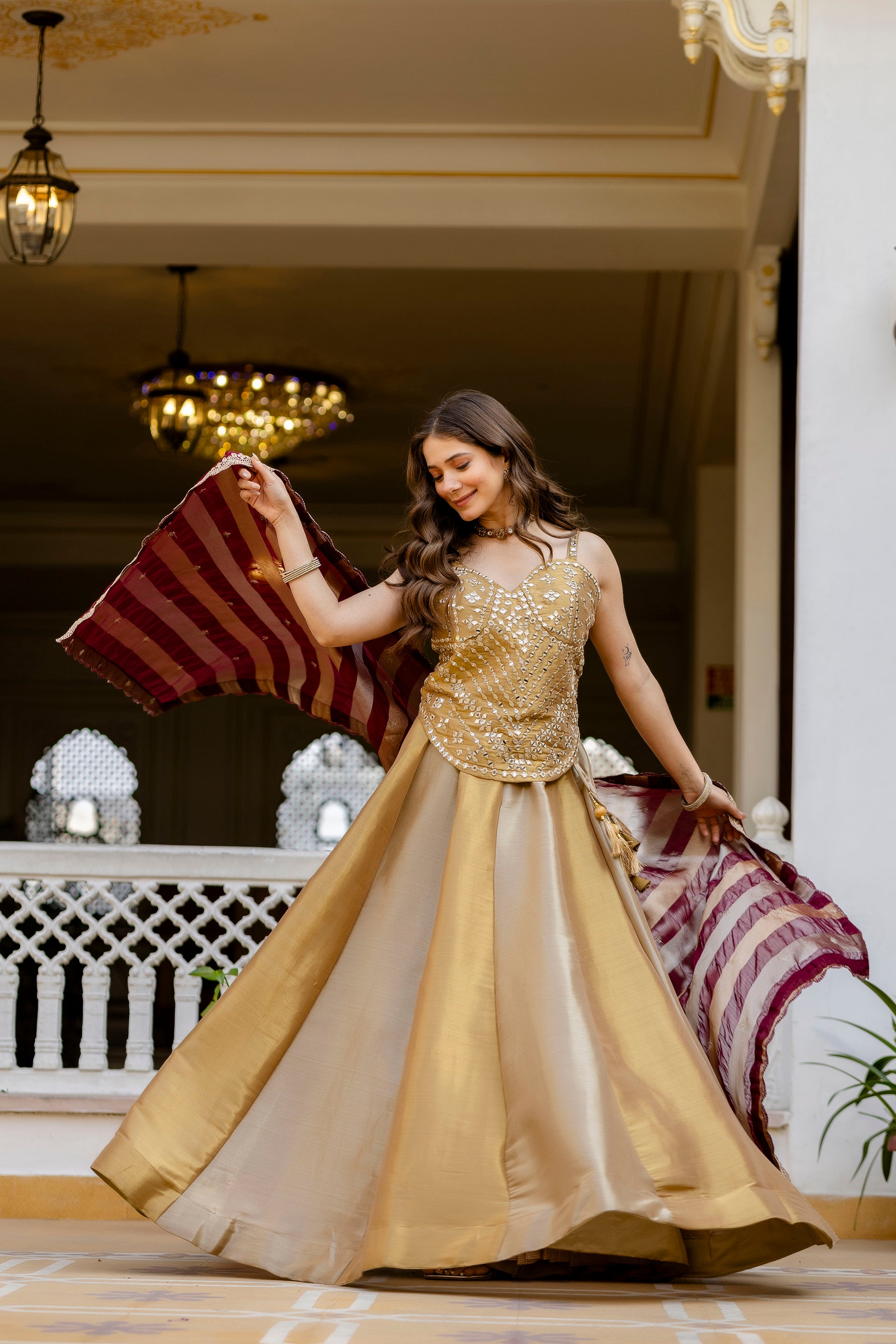 Golden Banarasi Lehenga Choli with Embroidered Organza Dupatta | Premium Wedding & Festive Wear