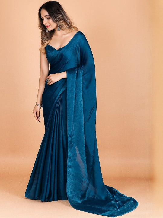 Royal Blue Linen Cotton Saree with Unstitched Blouse
