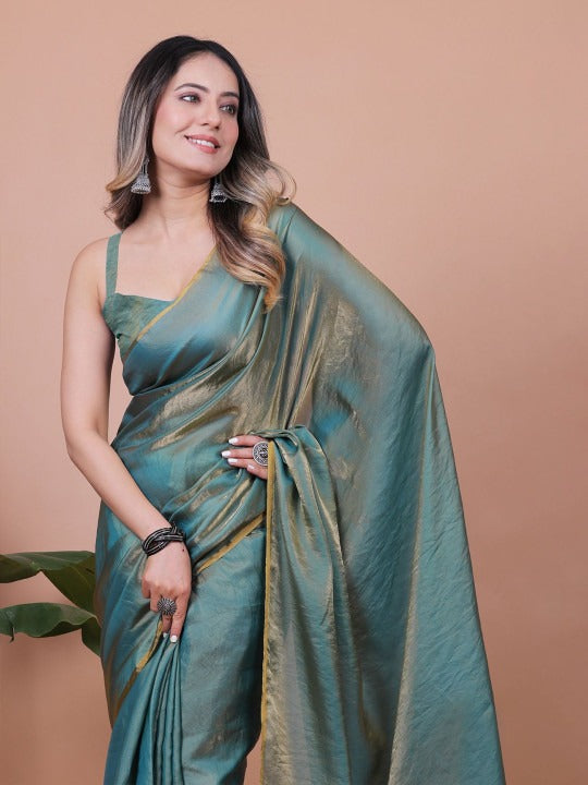 Sea Green Linen Cotton Saree with Unstitched Blouse