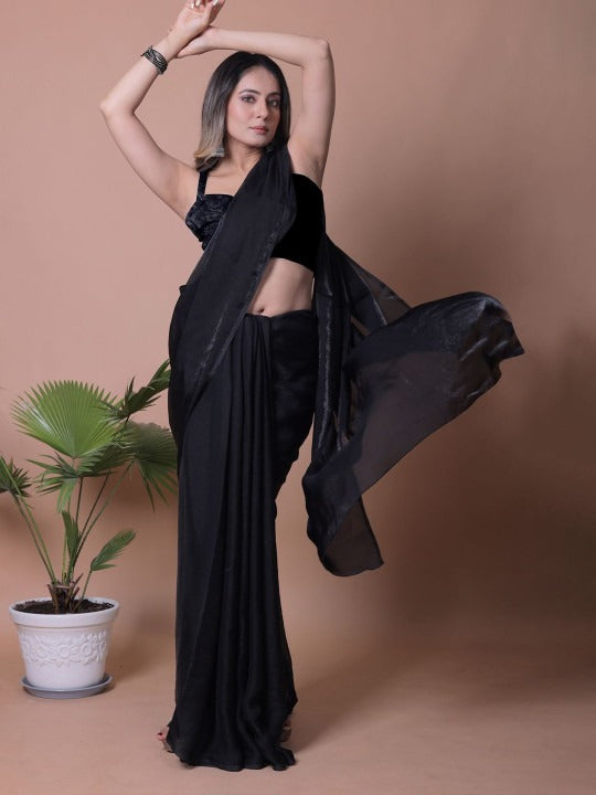 Black Linen Cotton Saree with Unstitched Blouse