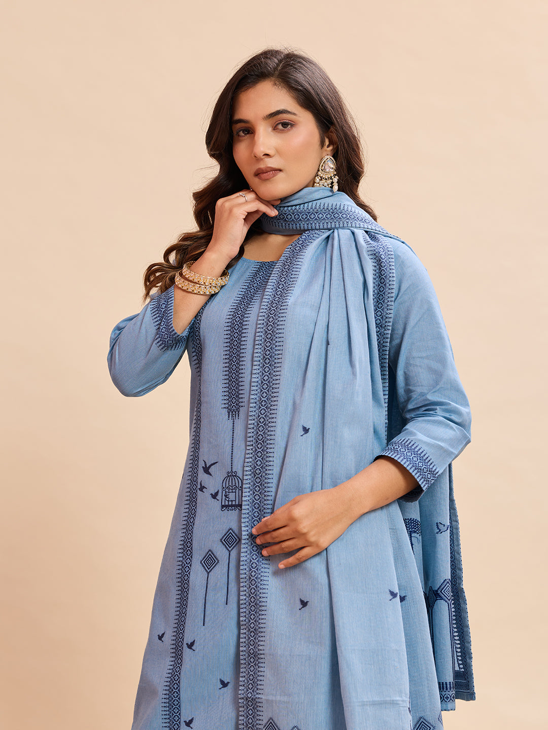 Sky Blue Pure Cotton Jacquard Kurti Pant Dupatta Set | Designer Ethnic Suit | Premium Office & Daily Wear