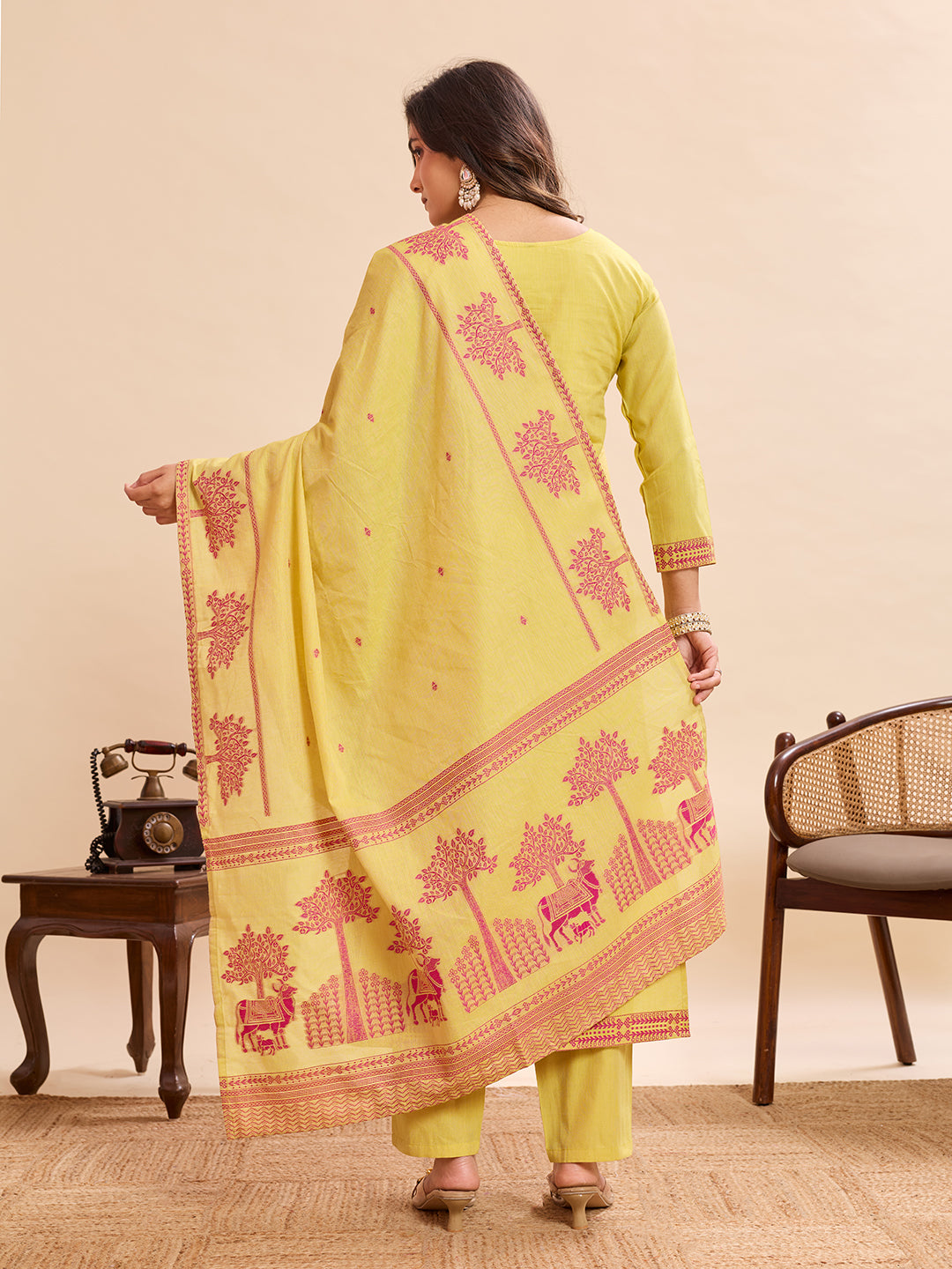 Yellow Cotton Kurti Pant Dupatta Set | Designer Printed Ethnic Suit | Premium Daily & Festive Wear